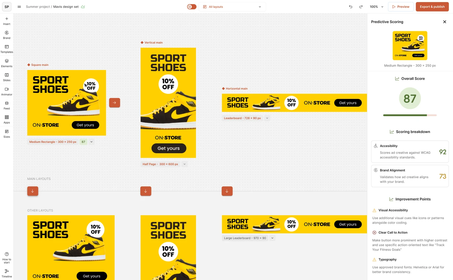 Predictive Scoring in Ad Studio with the audit complete: brand and accessibility checks passed