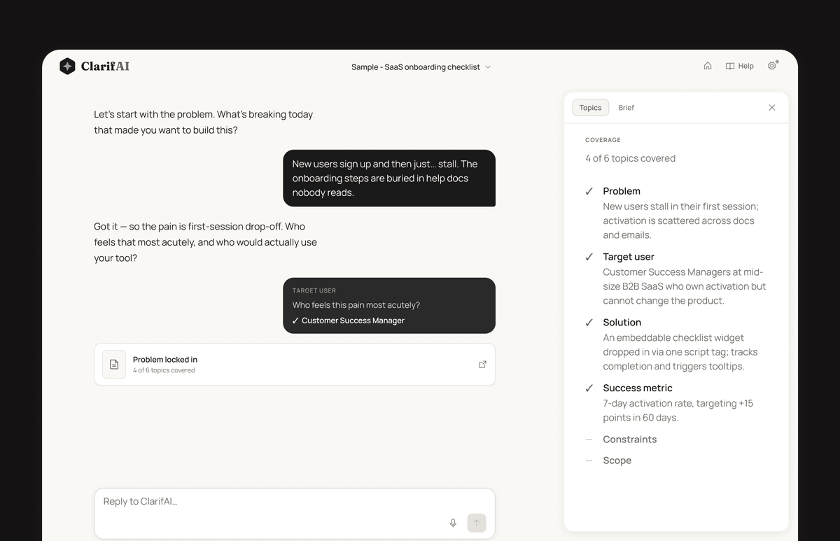 ClarifAI interview screen: the assistant asks a focused question while the coverage panel tracks topics covered