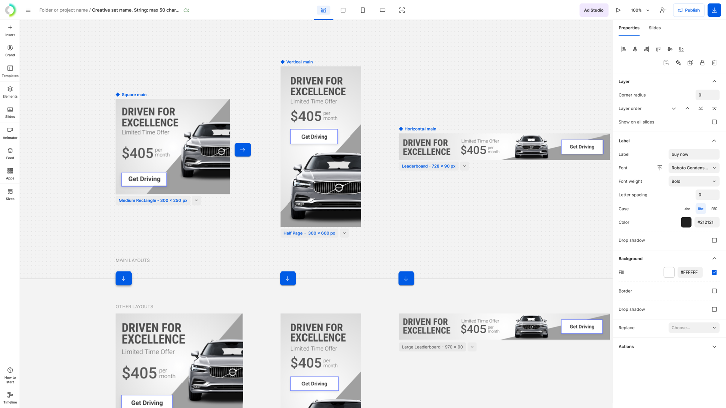 Ad Studio in the editor: one ad design resolved across square, vertical, horizontal and other ad formats on a single canvas, with the properties panel