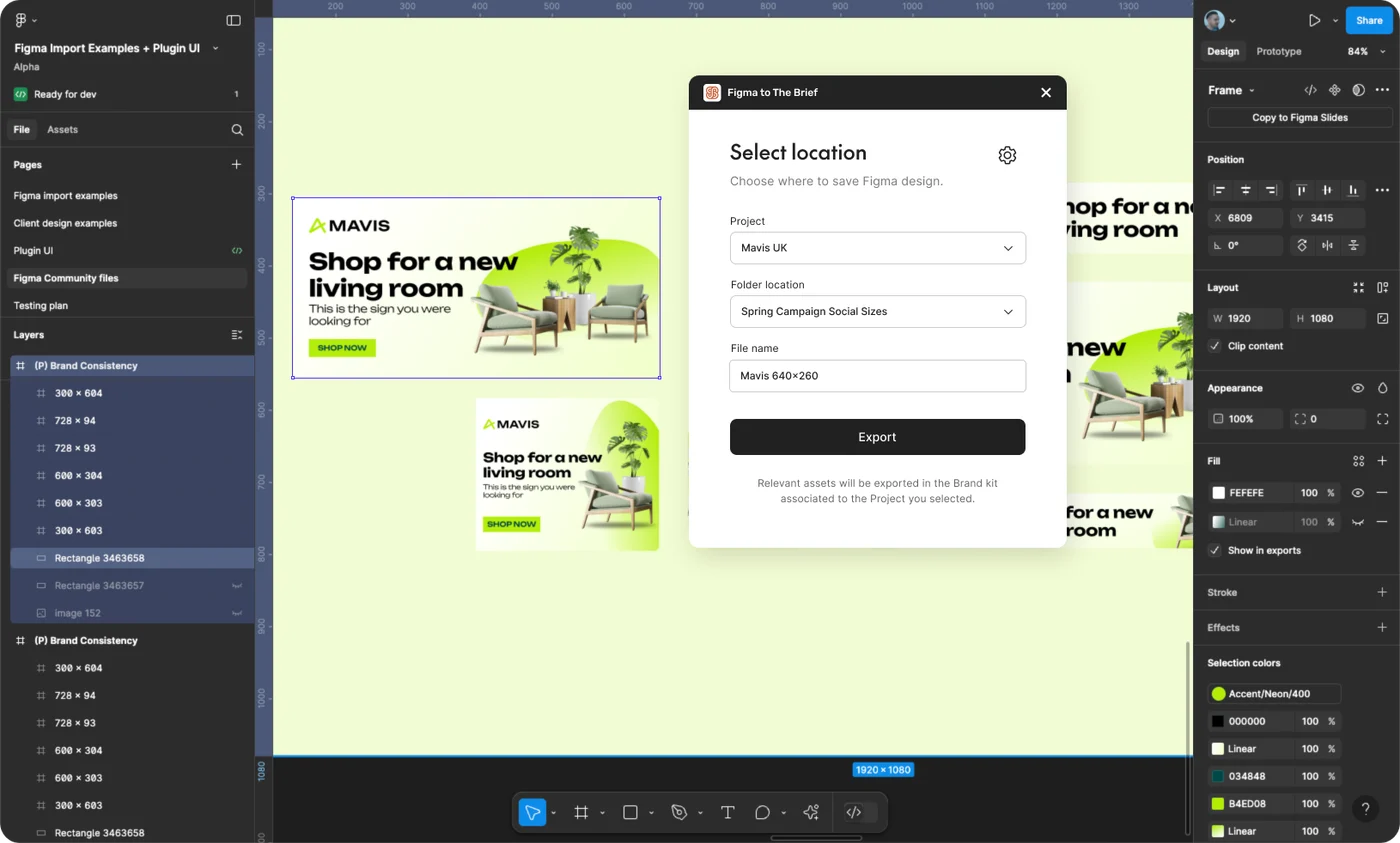 Figma Import plugin: the Select location dialog open inside Figma, over a board of ad creatives