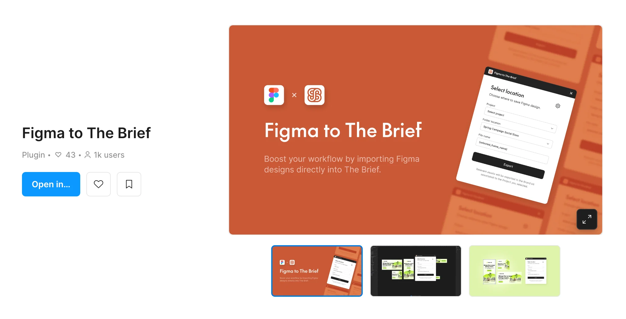 The plugin on the Figma Community, listed as Figma to The Brief, with over a thousand installs and forty-plus likes