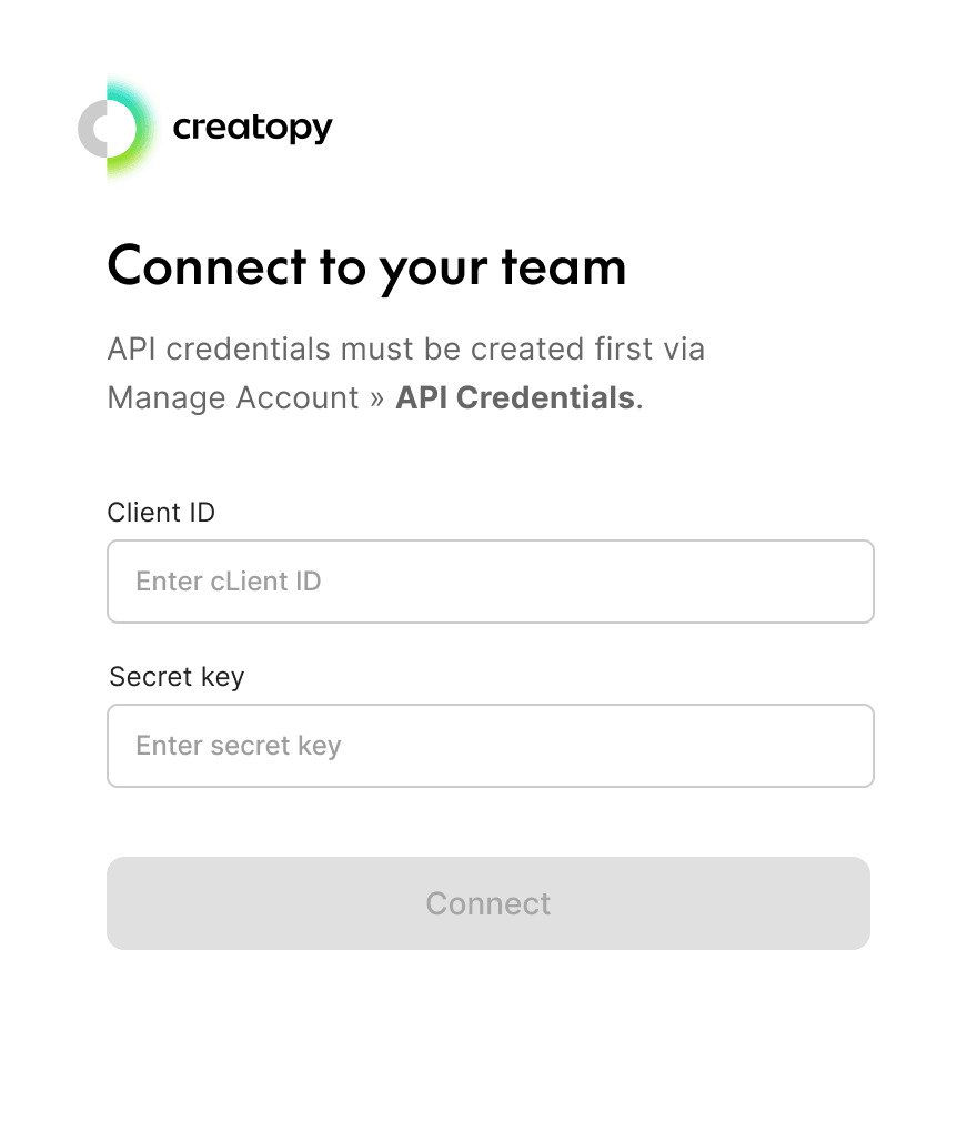 The plugin sign-in: connect to your team with API credentials, a Client ID and a Secret key