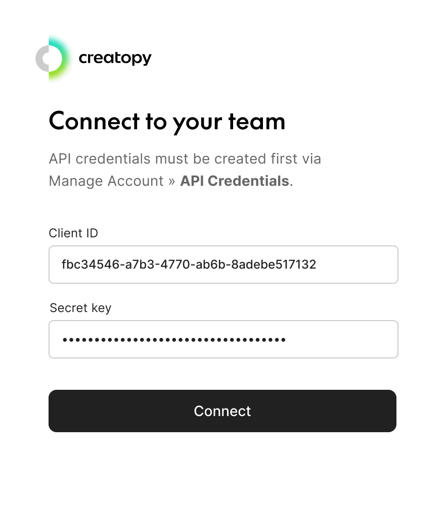 The sign-in with credentials entered and the success state ready to connect