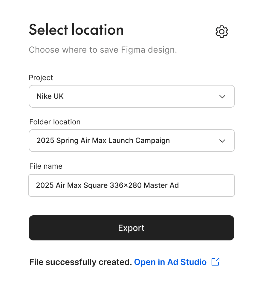 Export completed: the file is created, with a direct link to open it in Ad Studio