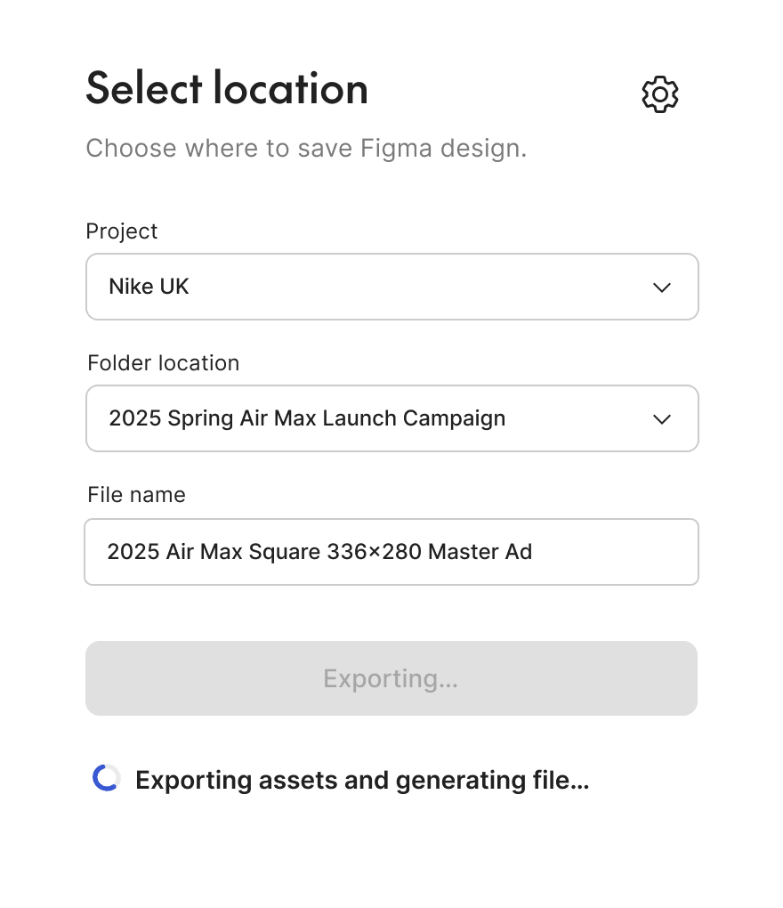 The plugin exporting the assets and generating the Ad Studio file, with an inline progress indicator