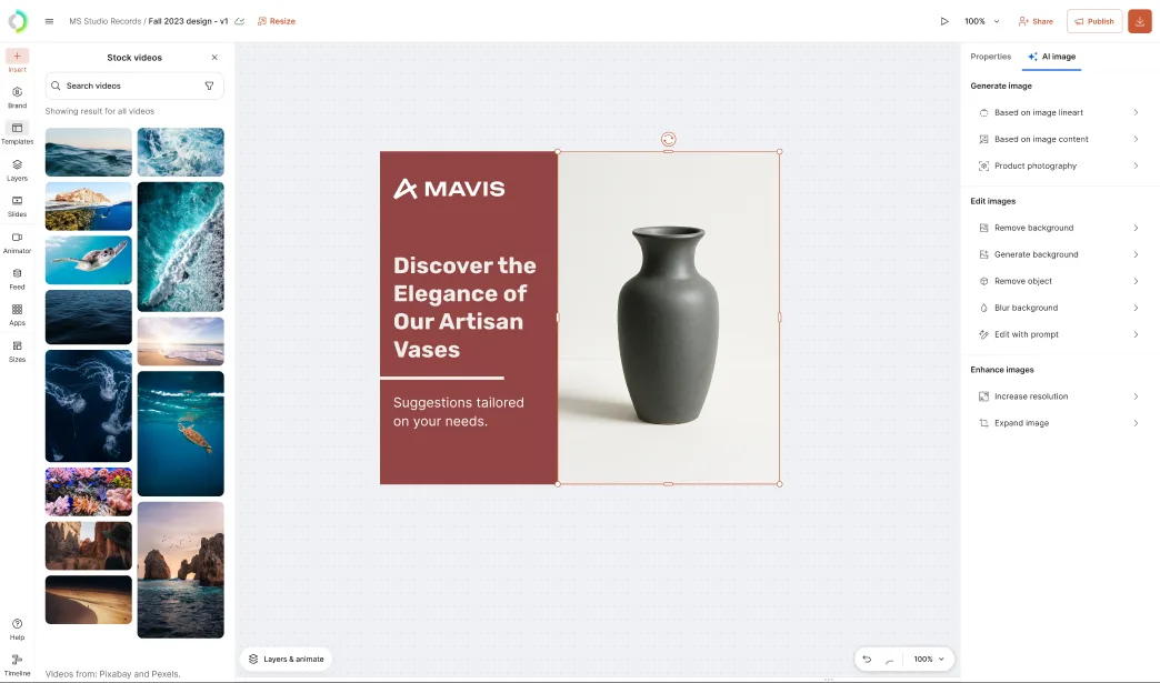 Generative AI in Ad Studio: the editor with the generation panel open